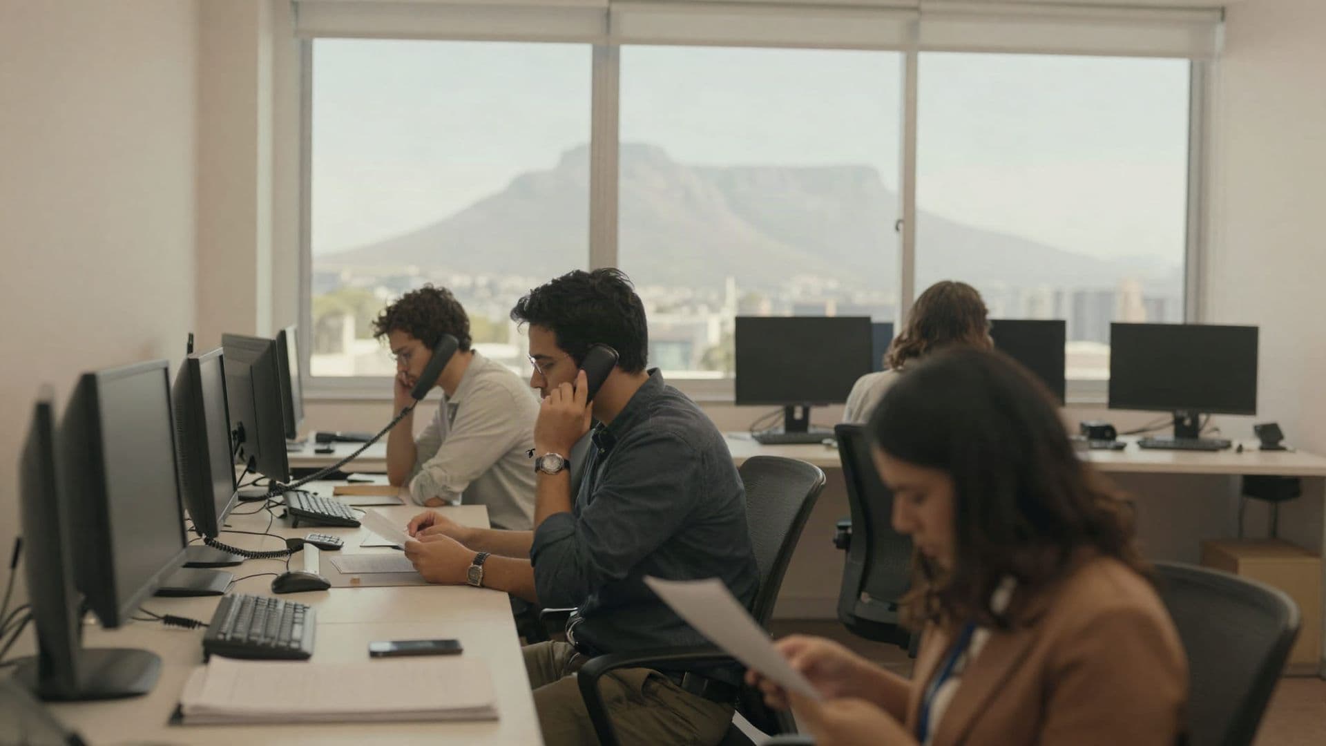 Three people working at desks in a small professional services office with a large window