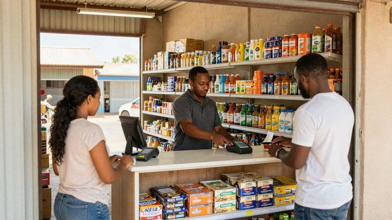 A shopkeeper serving a customer at a card payment terminal in a busy independent shop