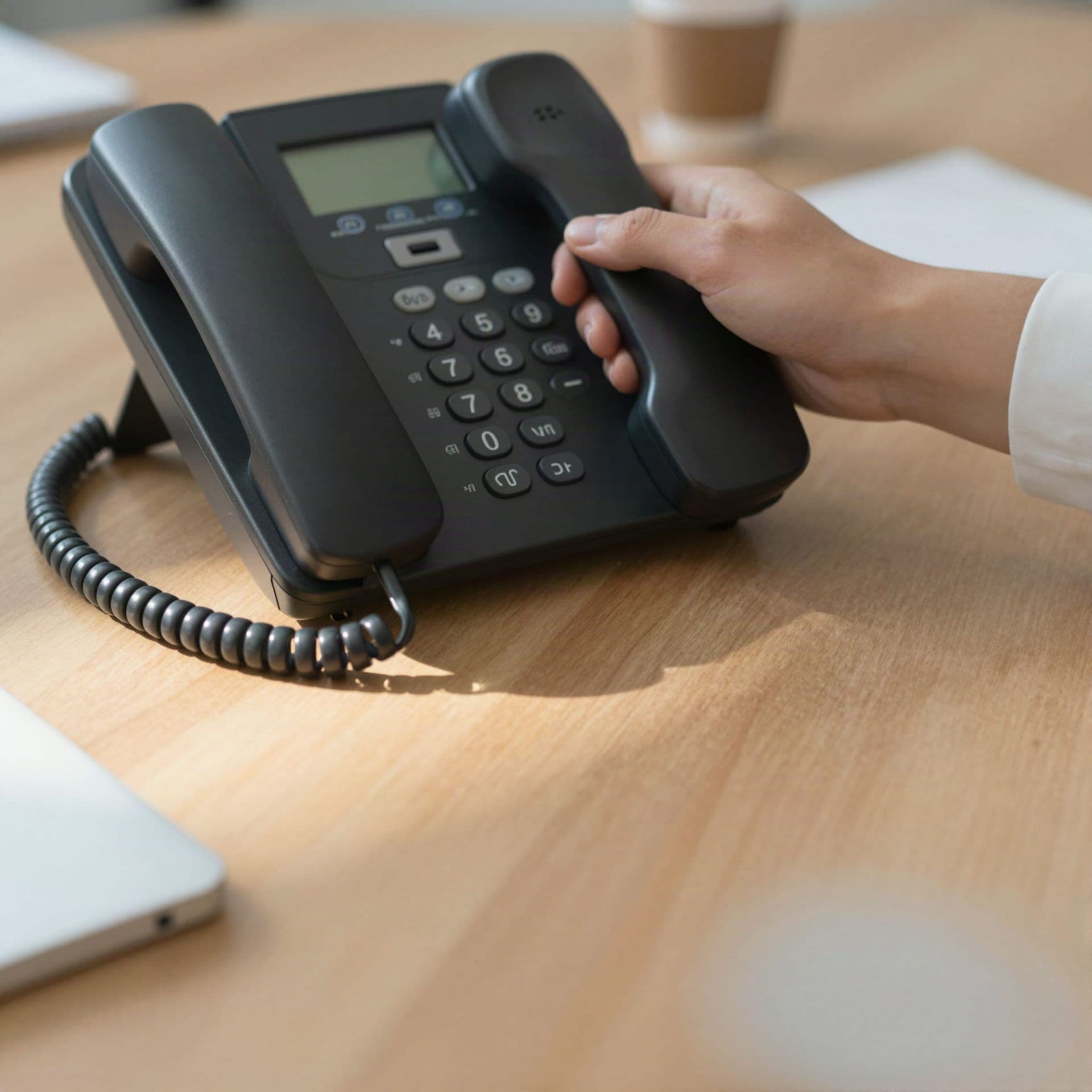 A hand lifting the handset of a desk phone on a sunlit office desk