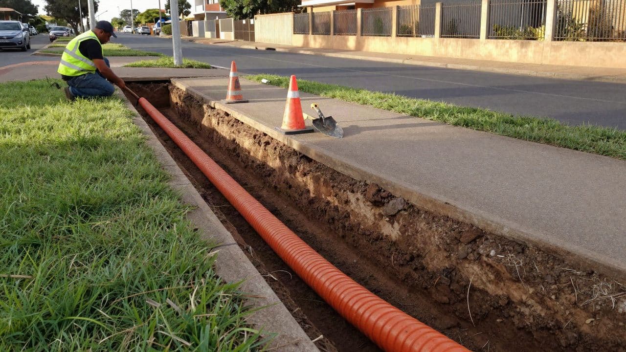 An open pavement trench with orange fibre duct being laid, cones and a worker alongside