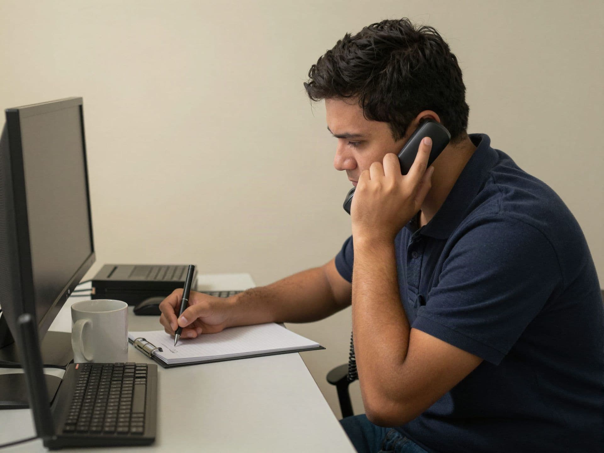 A support technician writing on a notepad with a phone handset at their shoulder