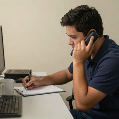 A support technician writing on a notepad with a phone handset at their shoulder