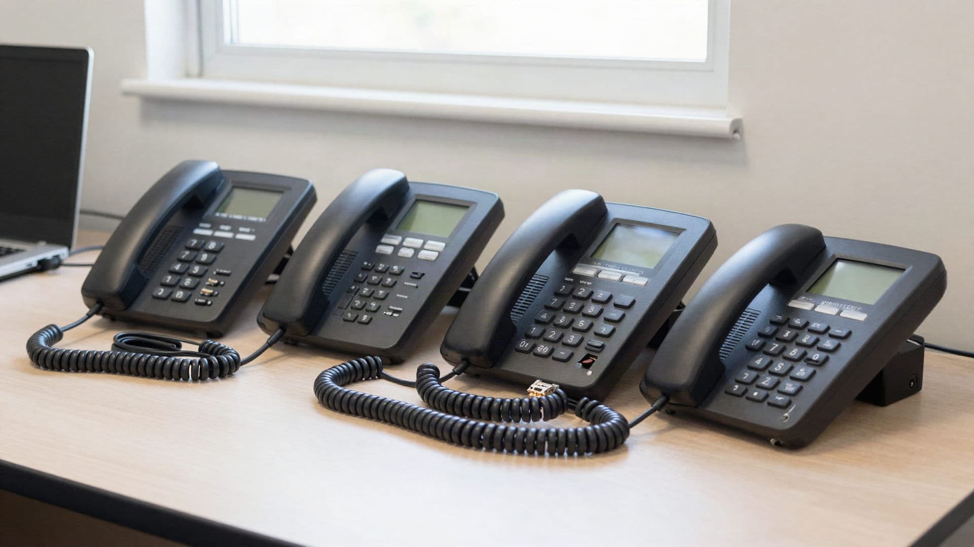 Four desk phones lined up on a table being configured, with coiled network cables beside them