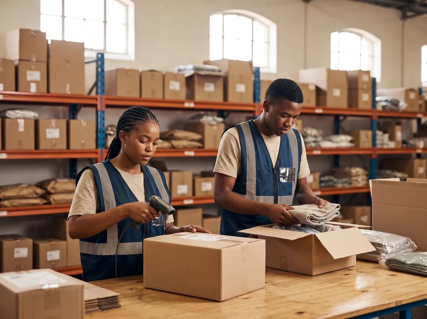 Staff packing and scanning orders at a fulfilment bench