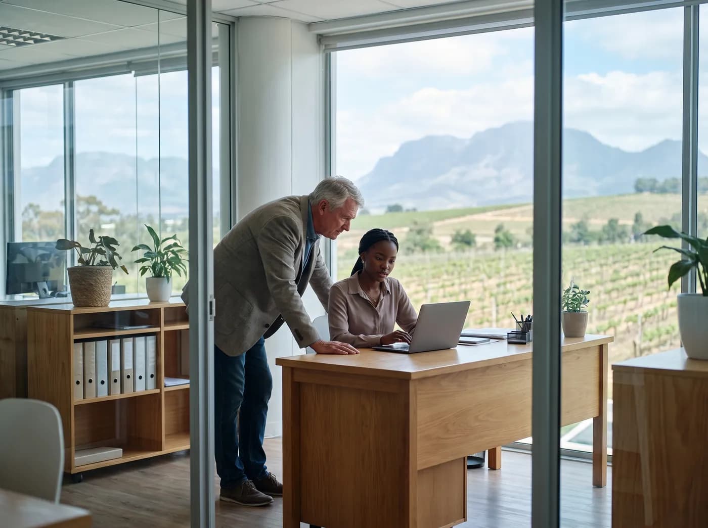 Two partners at an accounting practice reviewing a document on a laptop