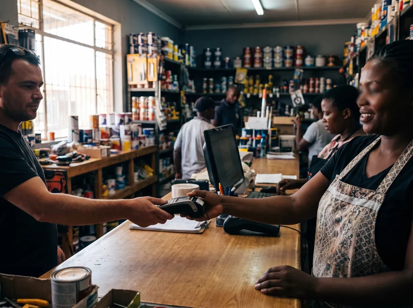 A shop owner handing a card machine to a customer at a hardware store counter