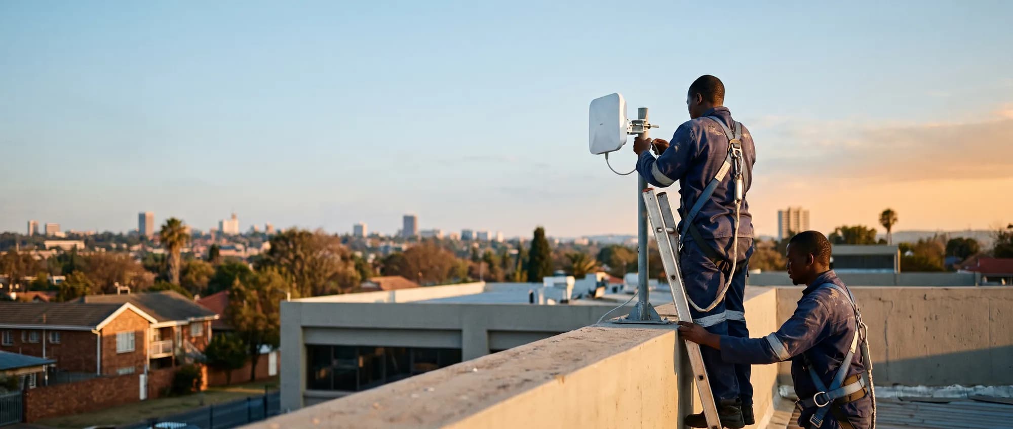 Two Hypernet technicians mounting a fixed-wireless antenna on a rooftop at golden hour