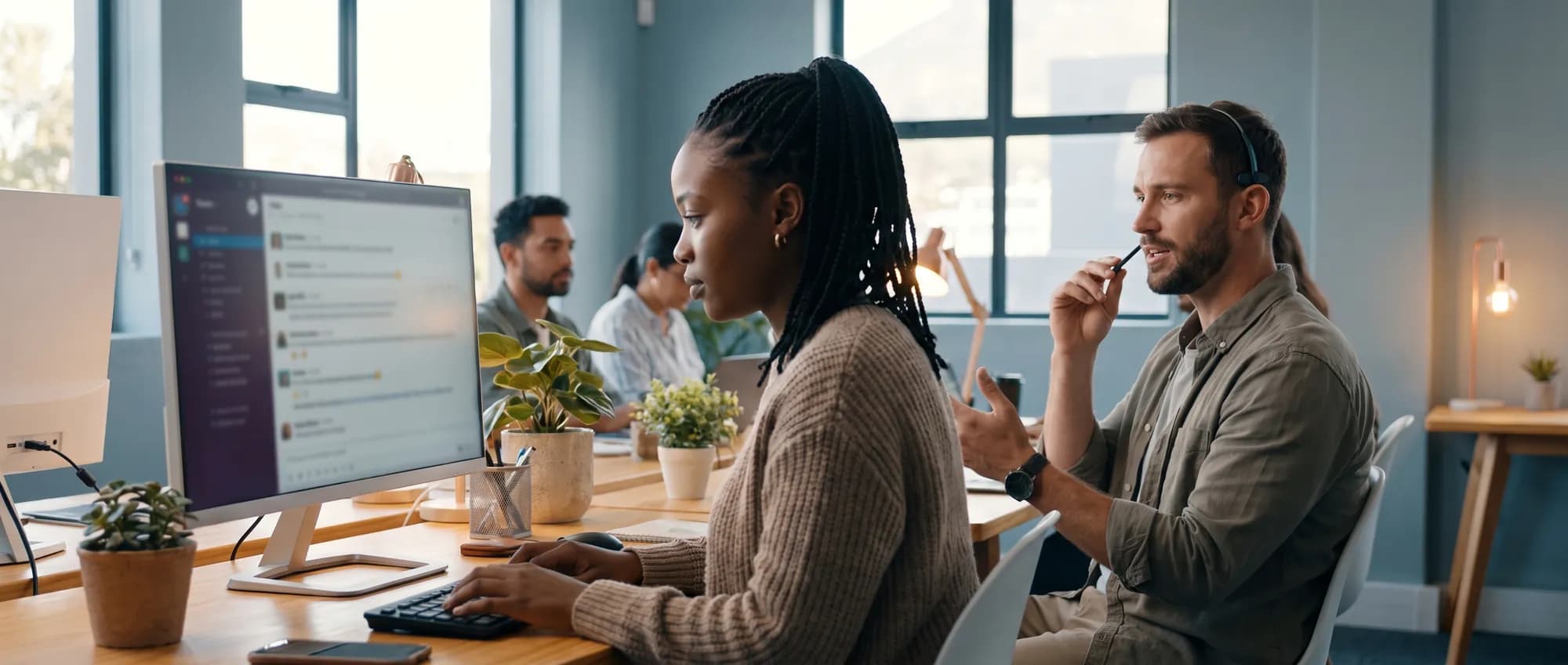 A customer support team replying to chat messages and calls in a bright office
