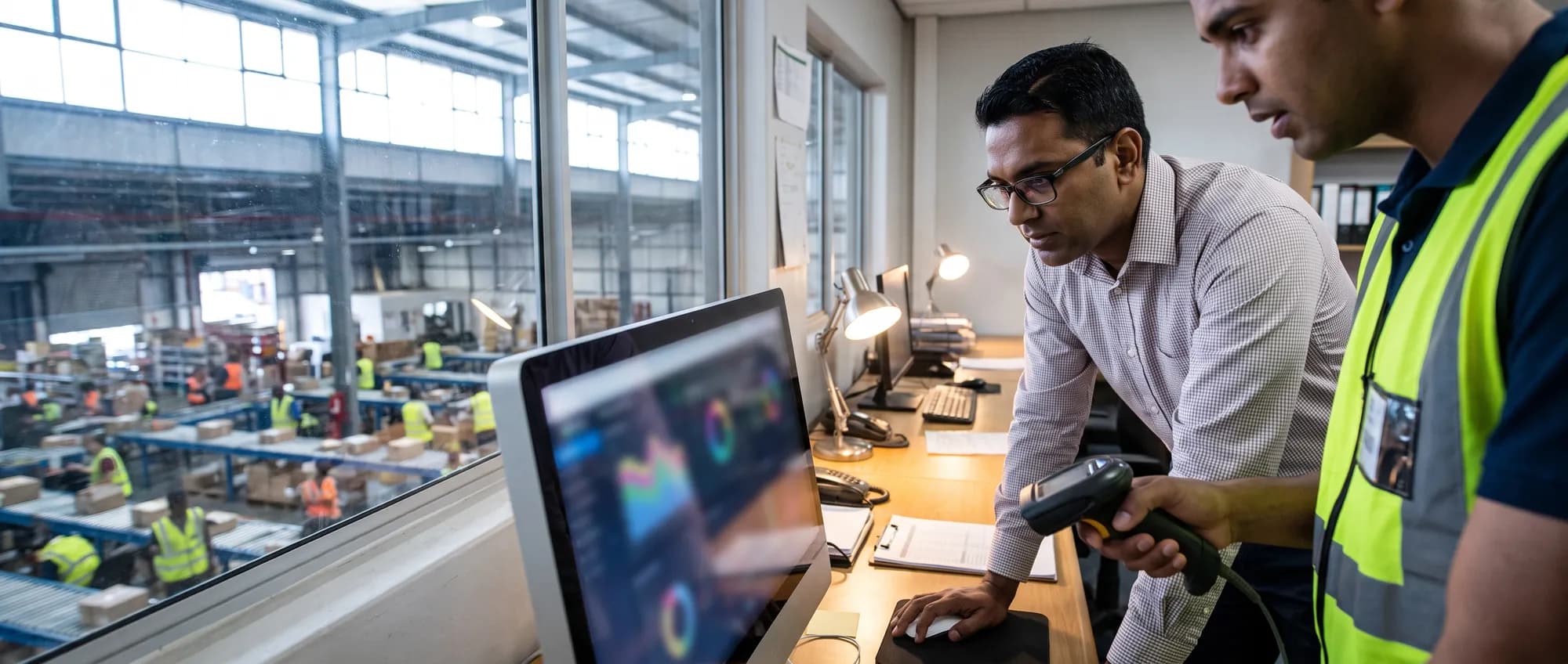 An operations manager reviewing dashboards with a colleague in a fulfilment warehouse office