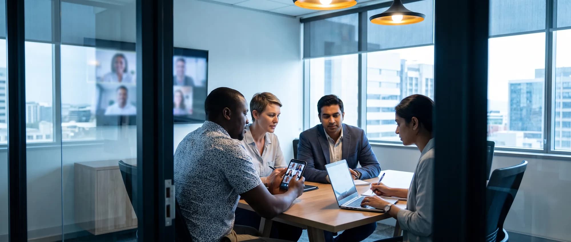 Four colleagues in a meeting room on a video call with remote team members