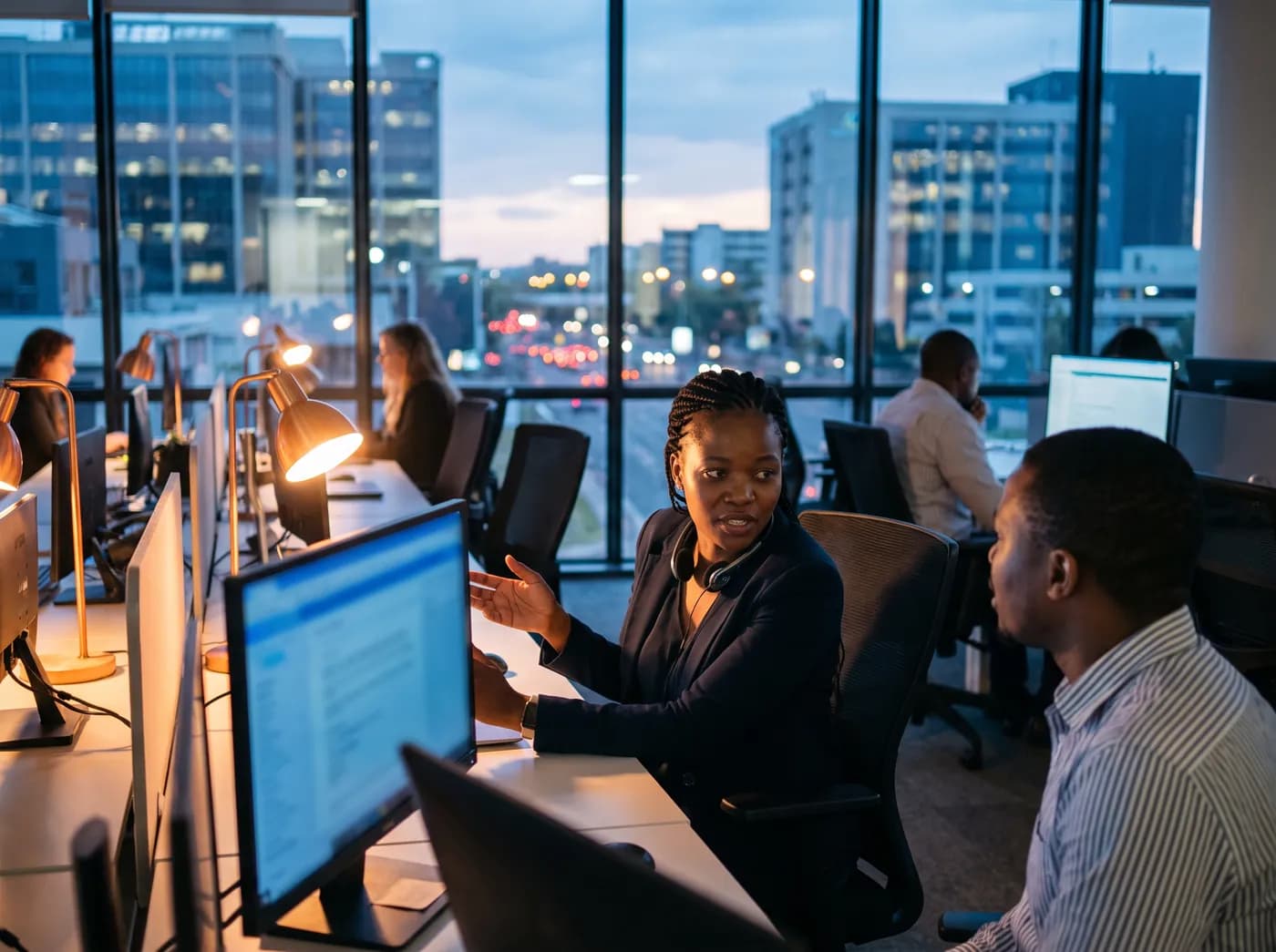 Hypernet service desk agents working at their desks in the Sandton office at dusk