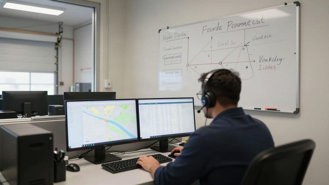 A dispatcher wearing a headset at a desk with route screens and a handwritten whiteboard
