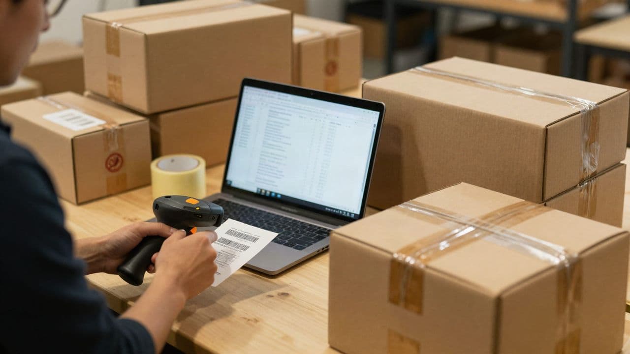 A person scanning a parcel barcode at a packing bench beside stacked shipping boxes