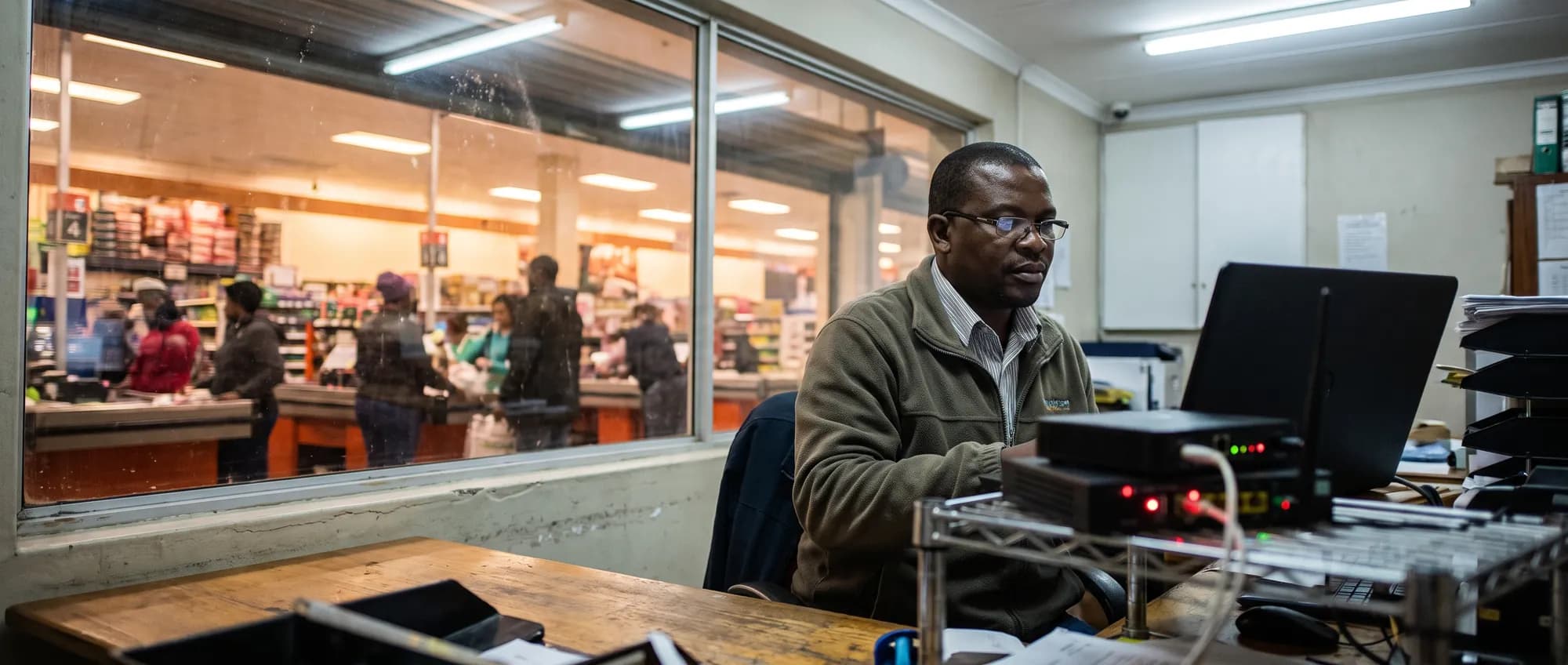 A retail operations manager checking a laptop beside a network appliance in a store back office