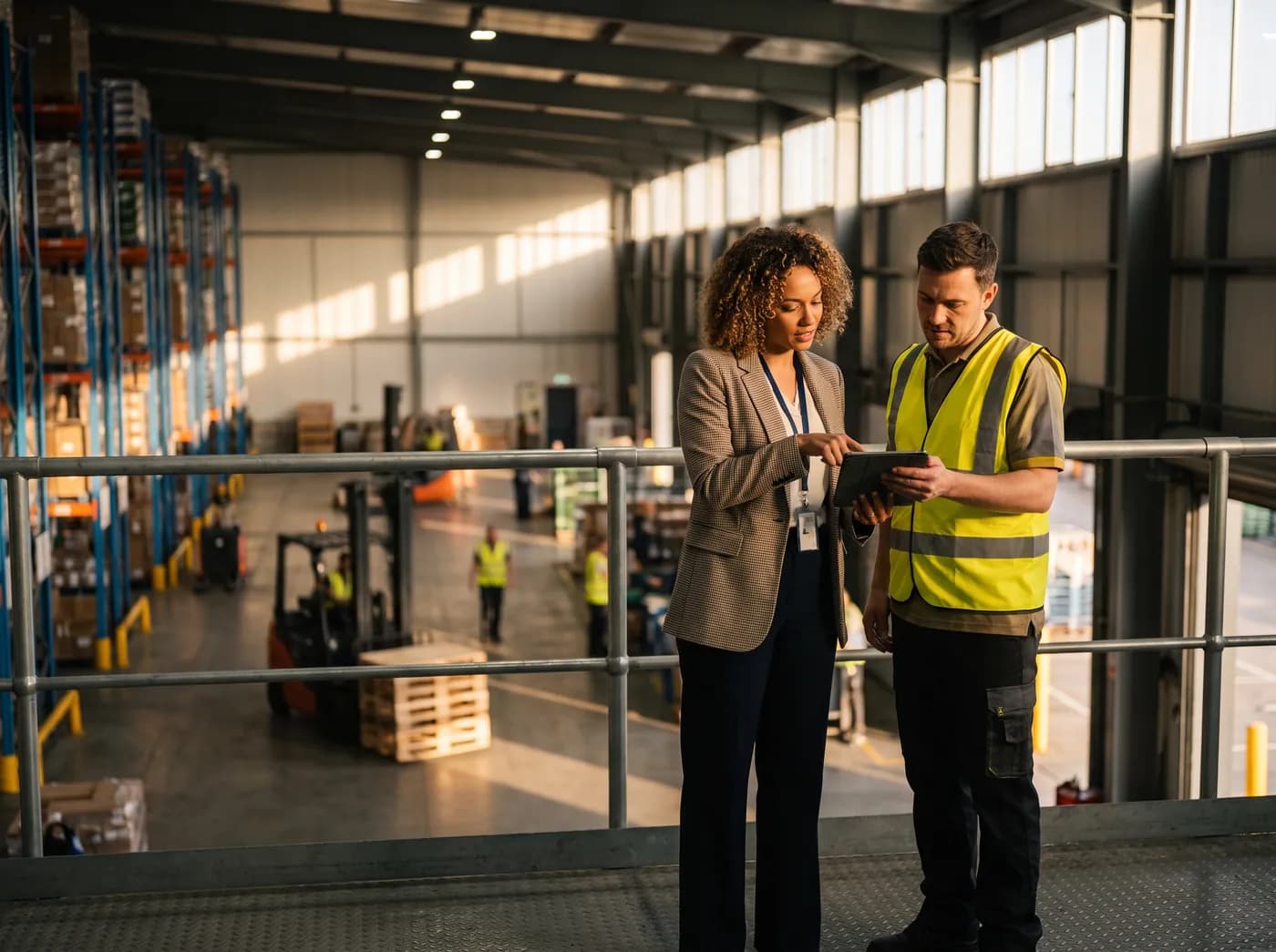 An account manager reviewing plans on a tablet with a warehouse operations manager