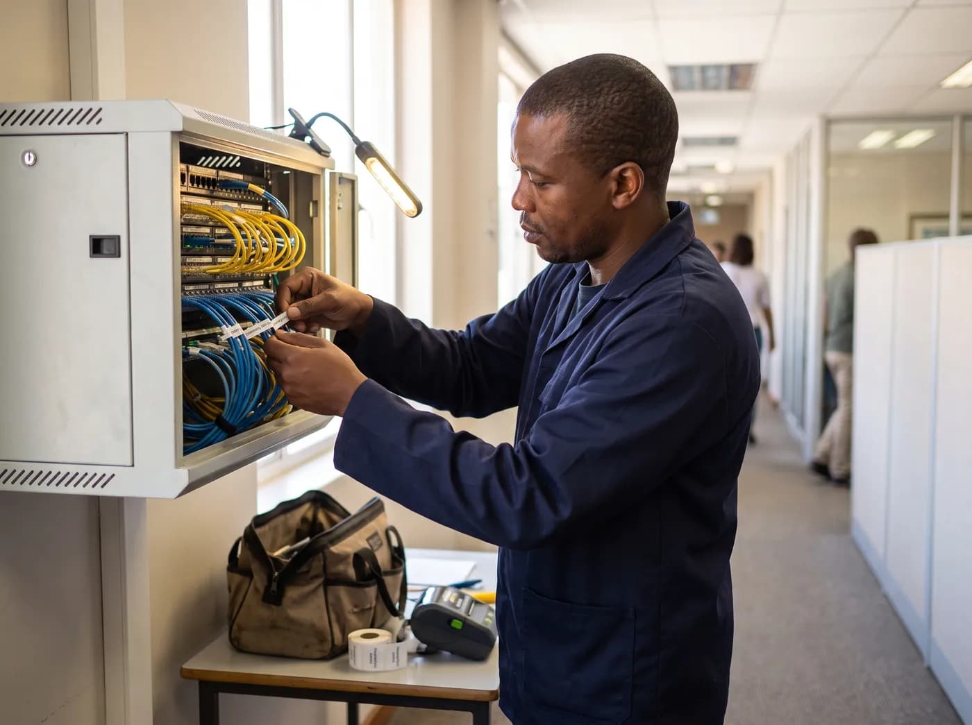 A field technician labelling patch cables in a client network cabinet