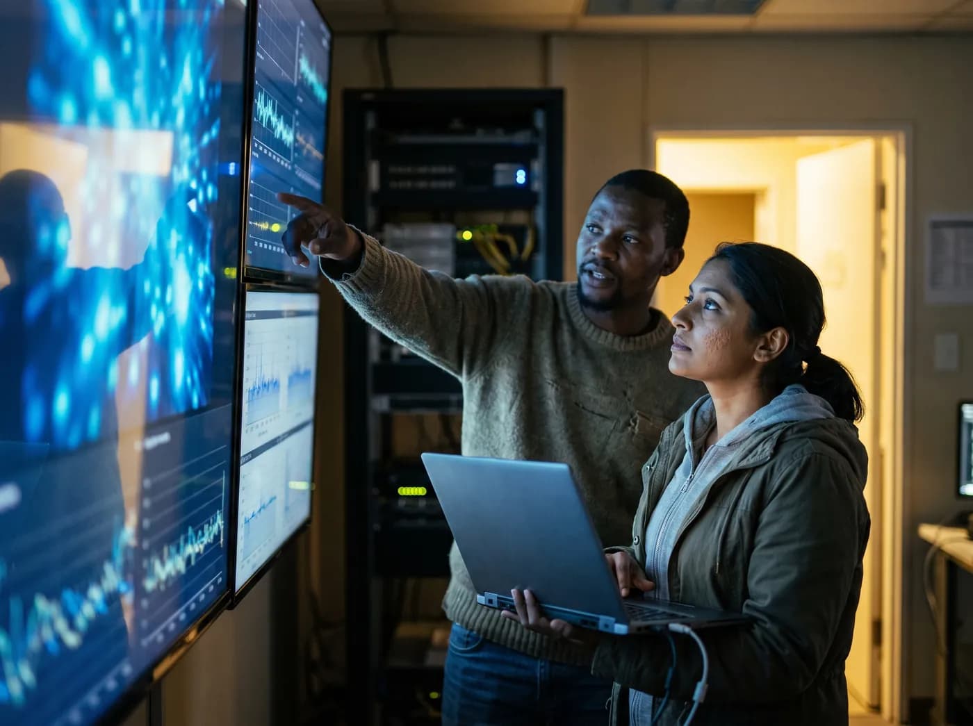 Two network engineers discussing live network status on a wall of screens